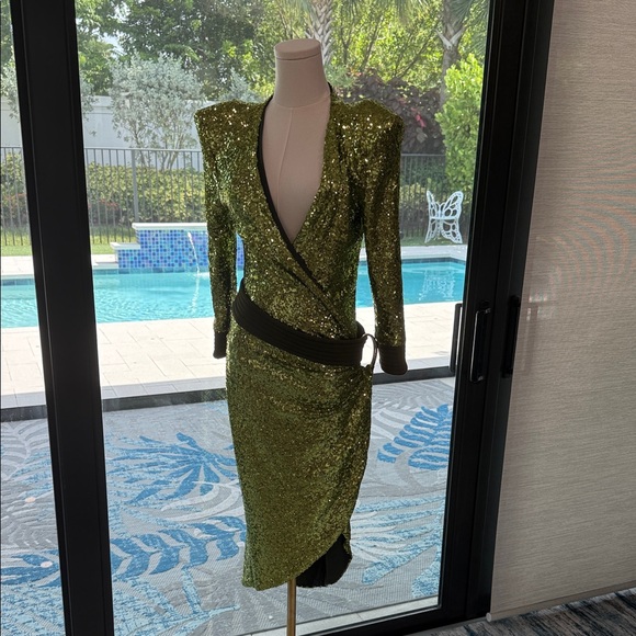 Zhivago Green Sequin Wrap Dress | Long Sleeve Evening Cocktail Gown - Picture 2 of 3